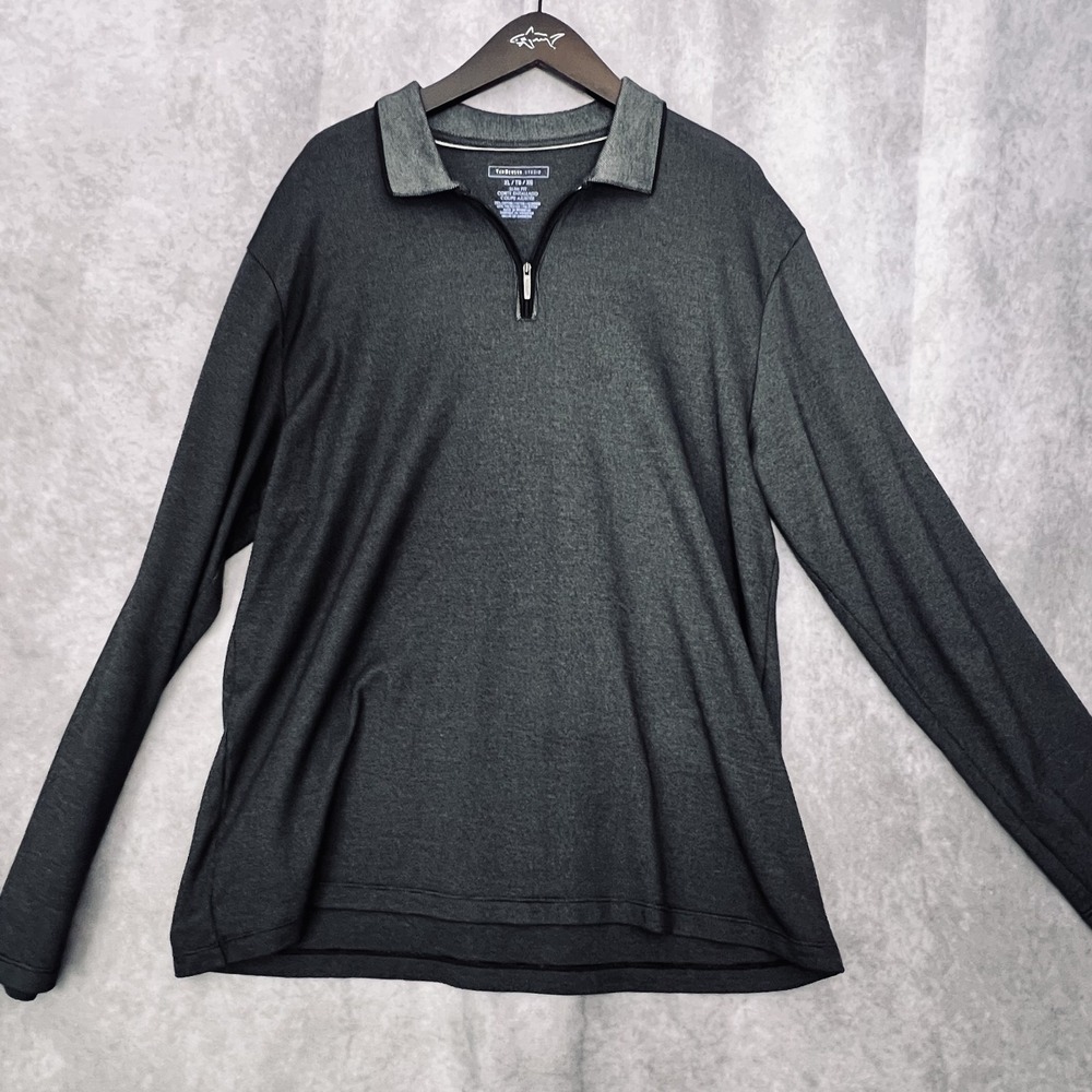Van Heusen Studio Men's XL Slim Fit Long Sleeve Polo Shirt Gray Cotton/Poly - Picture 2 of 9